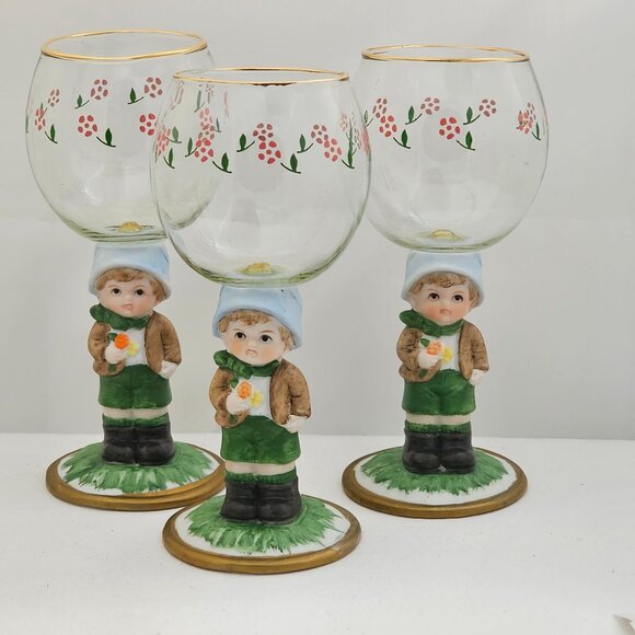 1980s Porcelain Figurine Wine Glasses set-3 by JSNY Taiwan whimsical sweet wine - Picture 5 of 14